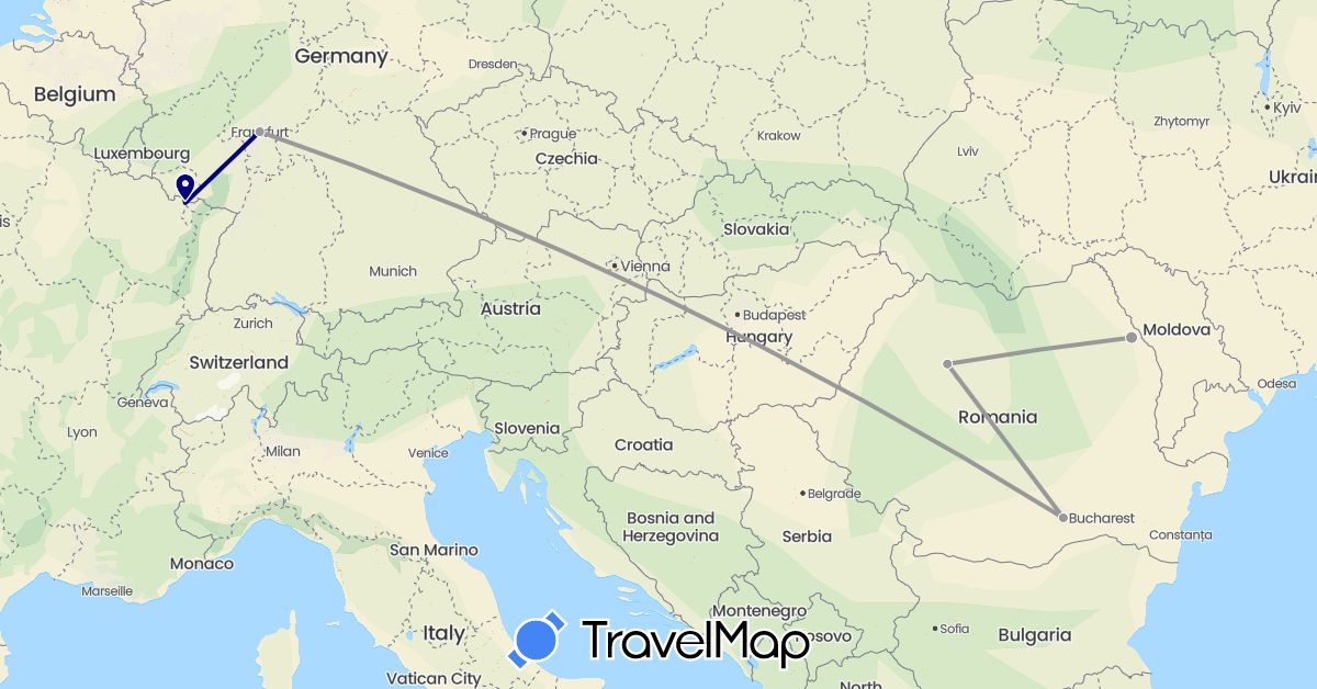 TravelMap itinerary: driving, plane in Germany, France, Romania (Europe)